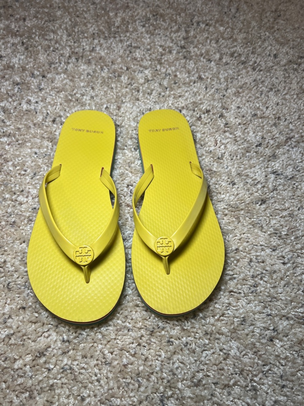 Tory Burch Green/Yellow Logo Rubber Flip Flops Women’s size 8